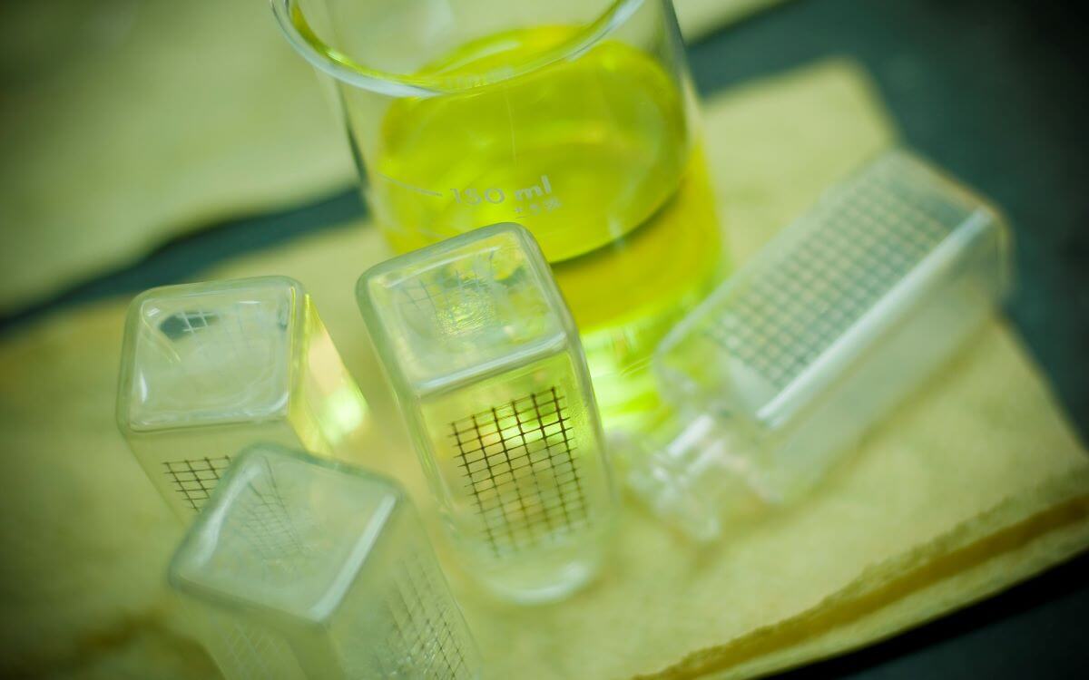 Closeup of beakers and lab equipment